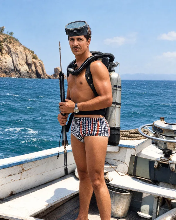 Roberto Isaac Tacher Tacher en los años cincuenta, con equipo de buceo y arpón en una lancha; fotografía restaurada y coloreada